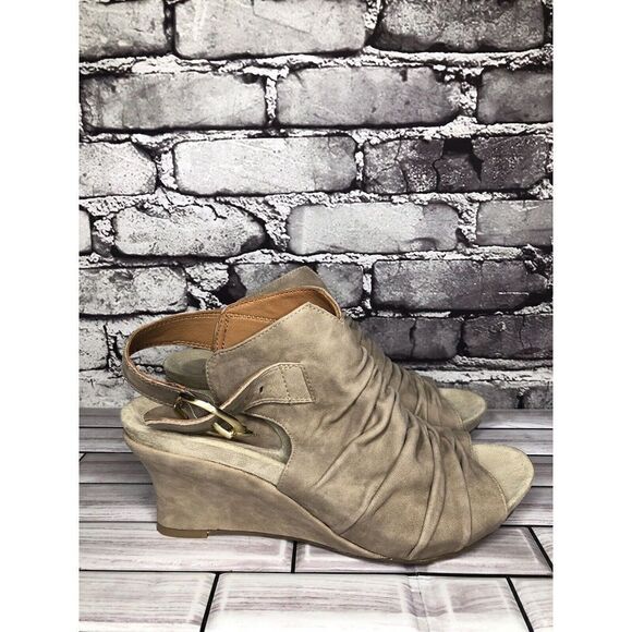 Earthies Earth Santo Taupe Suede Leather Peep Ankle Wedge Booties Women sz 10B - Picture 8 of 16